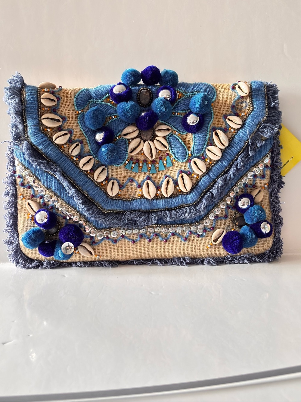 Roller Rabbit Kaela Clutch Beaded Shell Embroidered Jute Bag Boho NWT